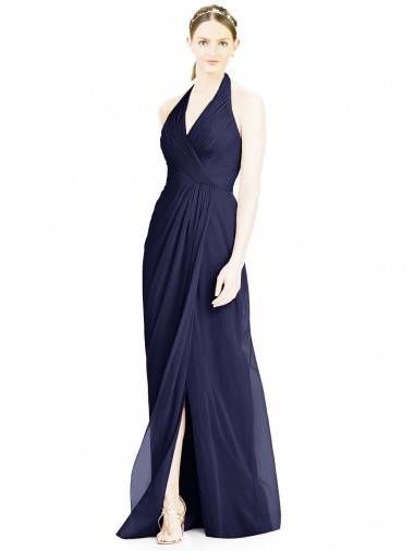 Sleeveless Dark Navy Open Back A-Line Halter Neck Formal Dress / Bridesmaid Dress Lincoln