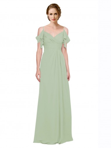 Sleeveless Smoke Green Low Back A-Line Off the Shoulder Bridesmaid Dress Lincoln