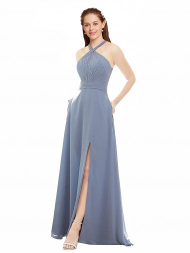 Sleeveless Dusty Blue A-Line Halter Neck Evening Dress / Bridal Party Dress Lincoln