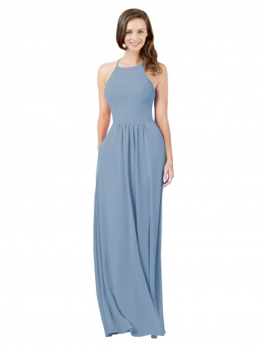 Sleeveless Dusty Blue Keyhole Back A-Line Halter Bridesmaid Gowns Lincoln