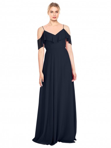 Sleeveless Dark Navy V-Back A-Line Off the Shoulder Bridesmaid Dress Lincoln