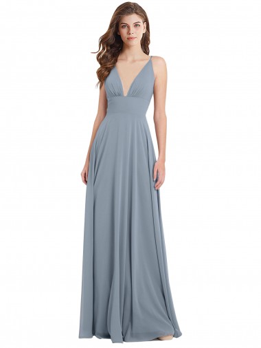 Sleeveless Dusty Blue V-Back A-Line V-Neck Bridesmaid Dress / Evening Gowns Lincoln