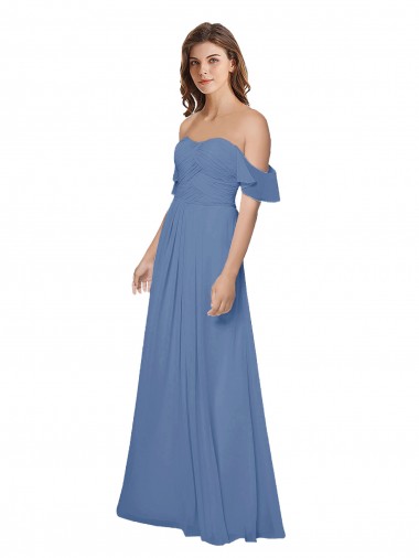 Flutter Sleeves Windsor Blue Open Back A-Line Off the Shoulder Bridesmaid Dress Lincoln