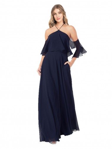 Flutter Sleeves Dark Navy A-Line Halter Neck Formal Dress / Bridesmaid Dress Lincoln