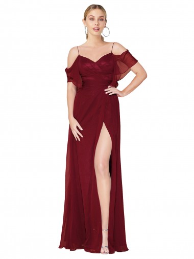 Cold Shoulder Burgundy V-Back Trumpet Off the Shoulder Formal Evening Gown / Prom Dress / Bridesmaid Dress Lincoln