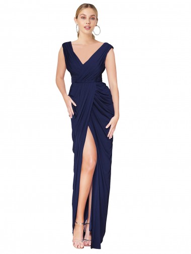 Sleeveless Dark Navy V-Back Mermaid V-Neck Formal Evening Gown / Prom Dress / Bridesmaid Dress Lincoln