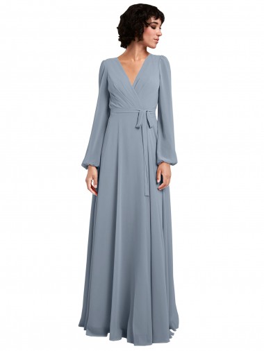 Long Sleeves Dusty Blue A-Line V-Neck Bridesmaid Dress / Formal Dress Lincoln