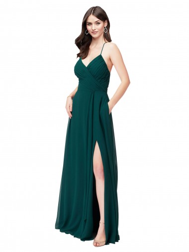 Sleeveless Hunter Green Criss Cross Back A-Line V-Neck Wedding Party Dress Lincoln