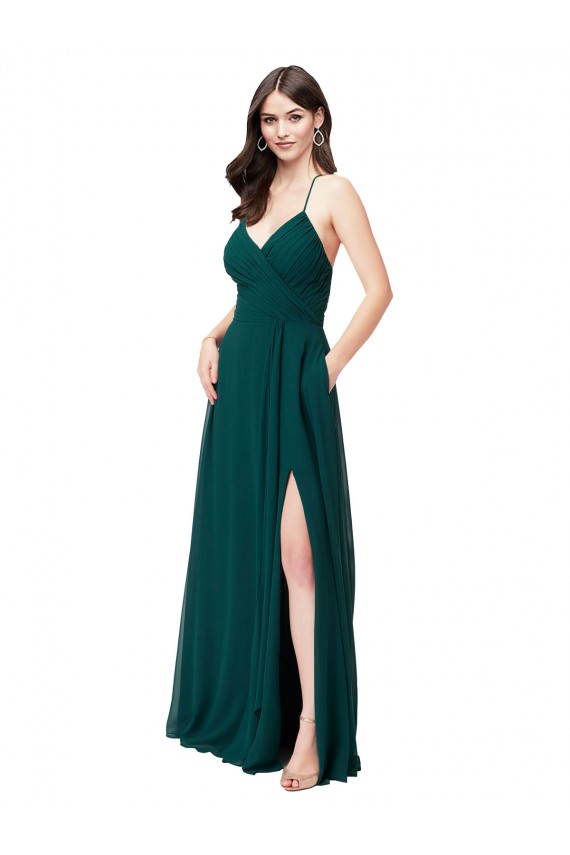 Sleeveless Hunter Green Criss Cross Back A-Line V-Neck Wedding Party Dress Lincoln