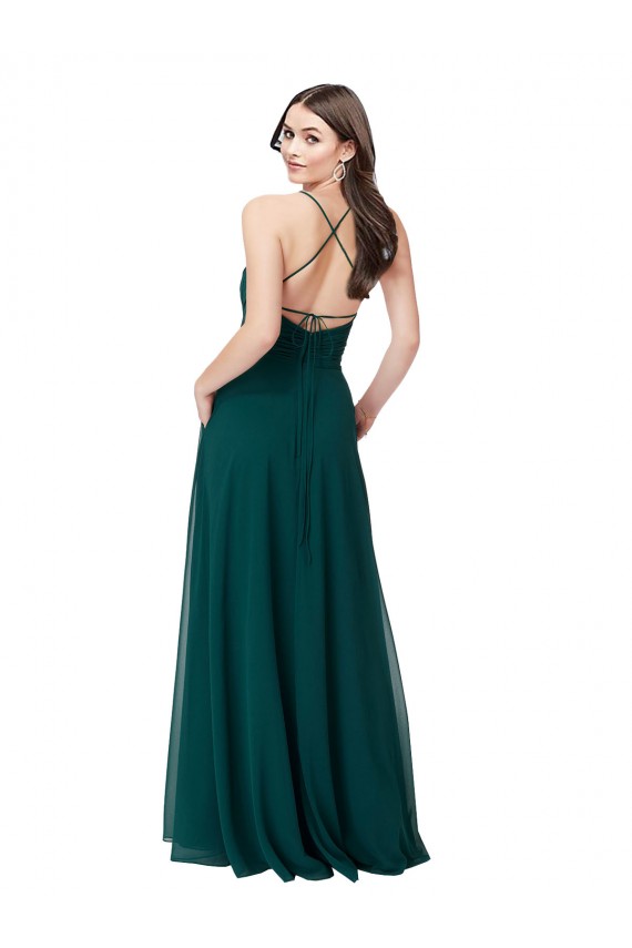 Sleeveless Hunter Green Criss Cross Back A-Line V-Neck Wedding Party Dress Lincoln