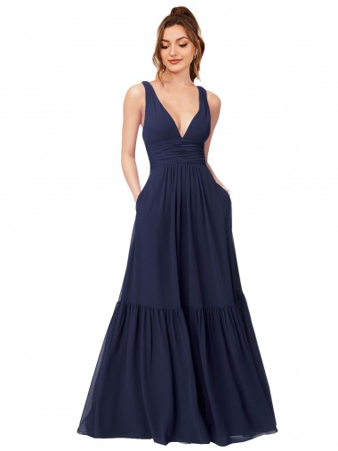 Sleeveless Dark Navy V-Back Chiffon V-Neck Formal Dress / Bridesmaid Dress Lincoln