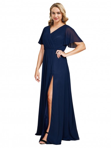 Short Flutter Sleeves Dark Navy A-Line V-Neck Formal Plus Size Evening Gown / Prom Dress / Bridesmaid Dress Lincoln