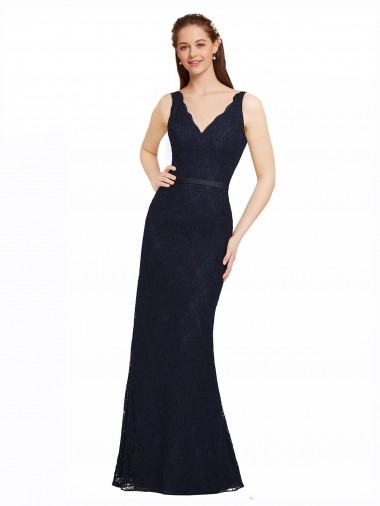 Sleeveless Dark Navy Open Back Sheath V-Neck Bridesmaid Dress Lincoln