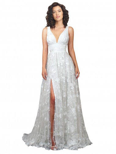 Sleeveless Off White Low Back A-Line Lace V-Neck Wedding Dress Lincoln