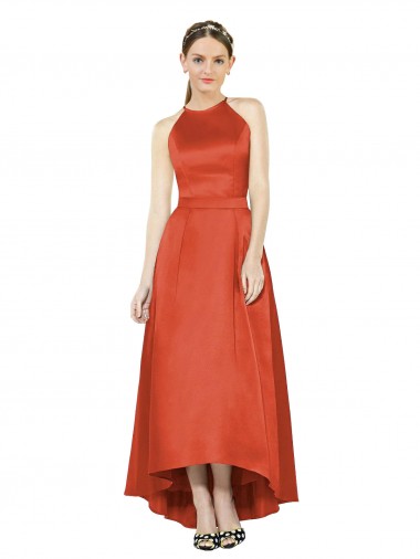 Sleeveless Spice Red A-Line Halter Neck High Low Bridesmaid Dress Lincoln