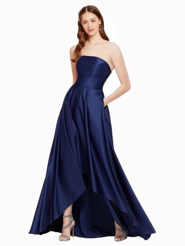 Sleeveless Dark Navy Low Back A-Line Strapless High Low Evening Gown / Prom Dress / Bridesmaid Dress Lincoln