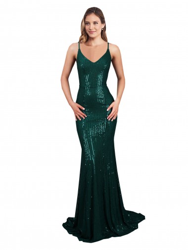 Sleeveless Dark Green Low Back Mermaid V-Neck Formal Evening Gown / Prom Dress / Bridesmaid Dress Lincoln