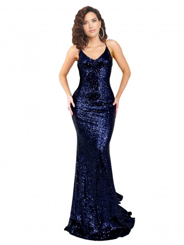 Sleeveless Dark Navy Low Back Mermaid V-Neck Formal Evening Gown / Prom Dress / Bridesmaid Dress Lincoln