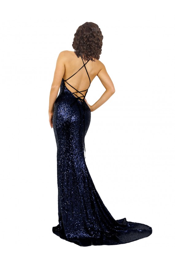 Sleeveless Dark Navy Low Back Mermaid V-Neck Formal Evening Gown / Prom Dress / Bridesmaid Dress Lincoln