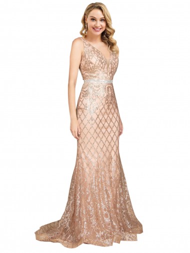 Sleeveless Rose Gold V-Back Mermaid V-Neck Formal Plus Size Evening Gown / Prom Dress / Bridesmaid Dress Lincoln