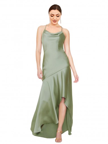 Sleeveless Smoke Green Criss Cross Open Back A-Line Cowl Neck High Low Evening Gown / Prom Dress / Bridesmaid Dress Lincoln