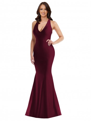 Sleeveless Burgundy Open Back Mermaid V-Neck Formal Plus Size Evening Gown / Prom Dress / Bridesmaid Dress Lincoln