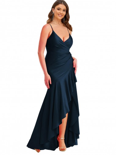 Sleeveless Dark Navy Mermaid Spaghetti Straps High Low Plus Size Evening Gown / Prom Dress / Bridesmaid Dress Lincoln