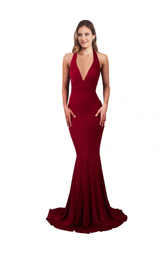 Sleeveless Burgundy Open Back Mermaid Halter Neck Formal Evening Gown / Prom Dress / Bridesmaid Dress Lincoln