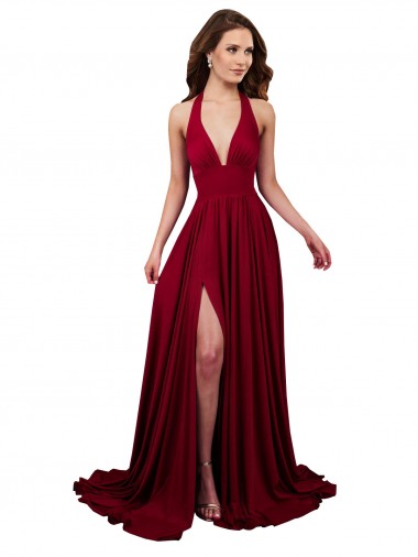 Sleeveless Burgundy Open Back A-Line Halter Neck Black Tie Evening Gown / Prom Dress / Bridesmaid Dress Lincoln