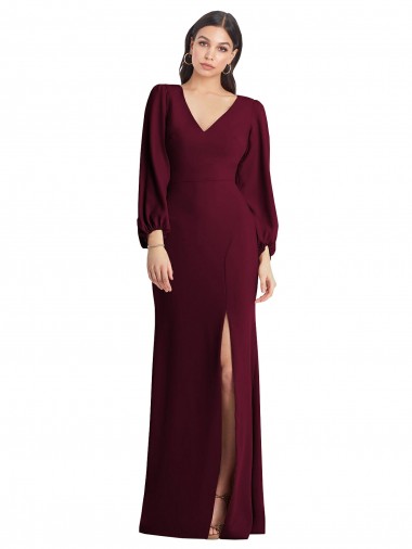 Puff Sleeves Burgundy Gold Trumpet V-Neck Semi Formal Evening Dress / Prom Dress / Bridesmaid Dress Lincoln