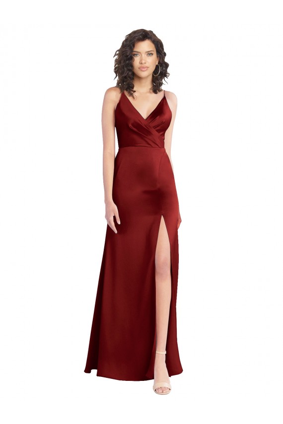 Sleeveless Burgundy V-Back A-Line Stretch Satin V-Neck Formal Dress / Bridesmaid Dress Lincoln