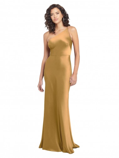 Sleeveless Gold A-Line Stretch Satin One Shoulder Formal Evening Gown / Prom Dress / Bridesmaid Dress Lincoln