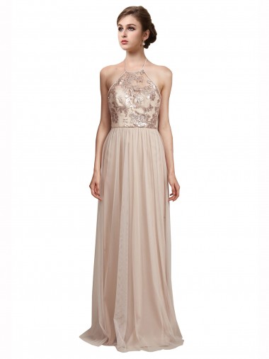 Sleeveless Nude A-Line Halter Neck Bridesmaid Dress Lincoln