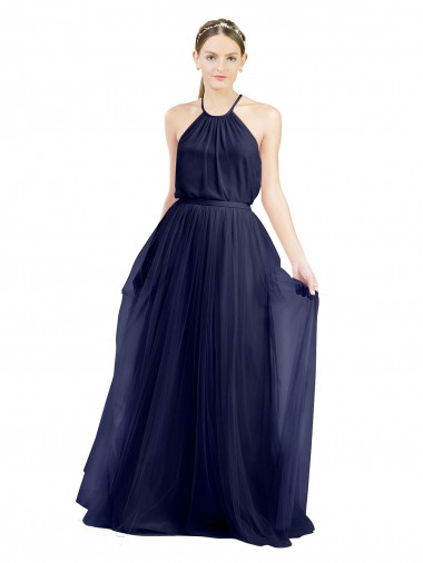 Sleeveless Navy Blue A-Line Halter Neck Semi Formal Evening Dress / Bridesmaid Dress Lincoln