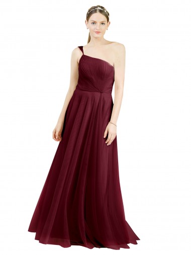 Sleeveless Burgundy A-Line Tulle One Shoulder Semi Formal Evening Dress / Bridesmaid Dress Lincoln