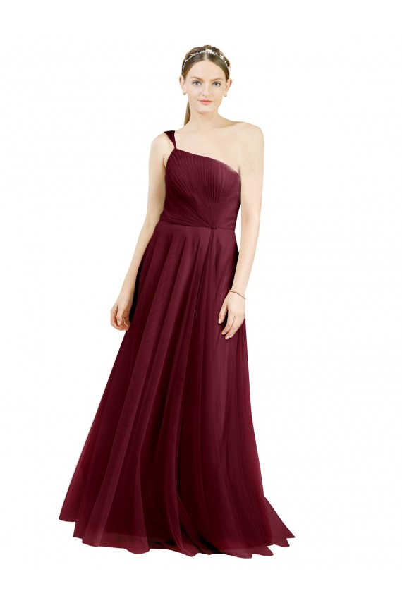 Sleeveless Burgundy A-Line Tulle One Shoulder Semi Formal Evening Dress / Bridesmaid Dress Lincoln