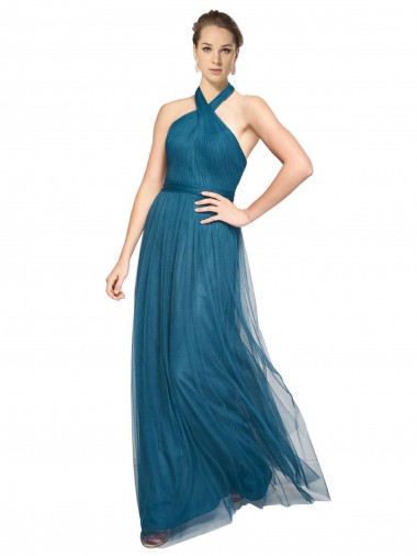 Sleeveless Teal Green Open Back A-Line Halter Neck Bridesmaid Dress Lincoln