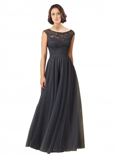 Cap Sleeves Slate Grey A-Line Bateau Neck Bridesmaid Dress Lincoln