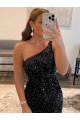 Sleeveless Black Sheath One Shoulder Prom Dress / Evening Gown Lincoln