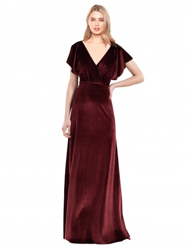 Flutter Sleeves Burgundy Open Back A-Line V-Neck Prom Dress / Bridesmaid Dress Lincoln