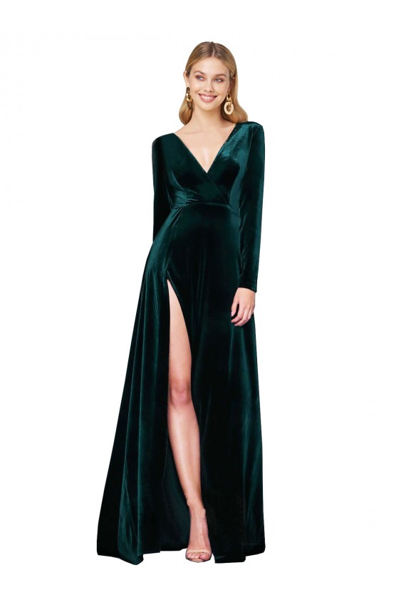 Long Sleeves Dark Green A-Line V-Neck Black Tie Evening Gown / Prom Dress / Bridesmaid Dress Lincoln