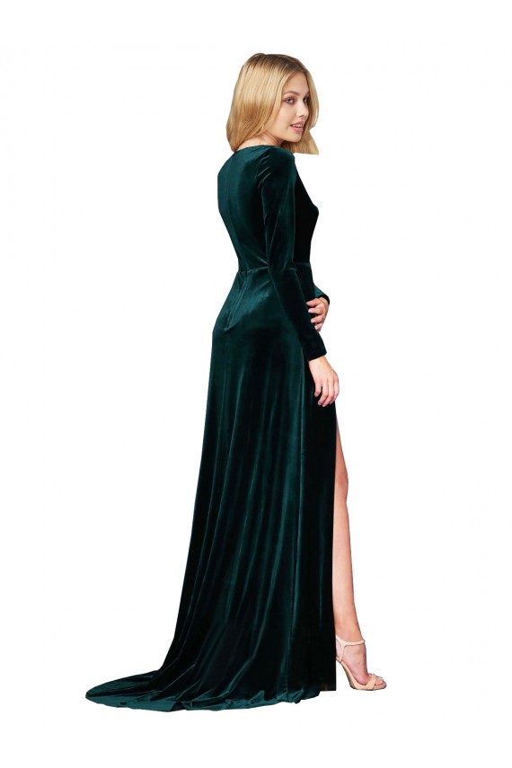 Long Sleeves Dark Green A-Line V-Neck Black Tie Evening Gown / Prom Dress / Bridesmaid Dress Lincoln