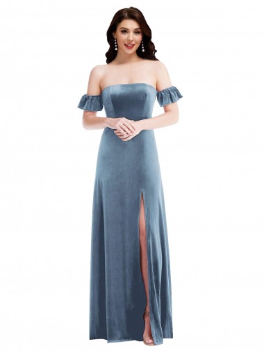 Ruffle Sleeves Dusty Blue Low Back A-Line Off the Shoulder Formal Dress / Bridesmaid Dress Lincoln