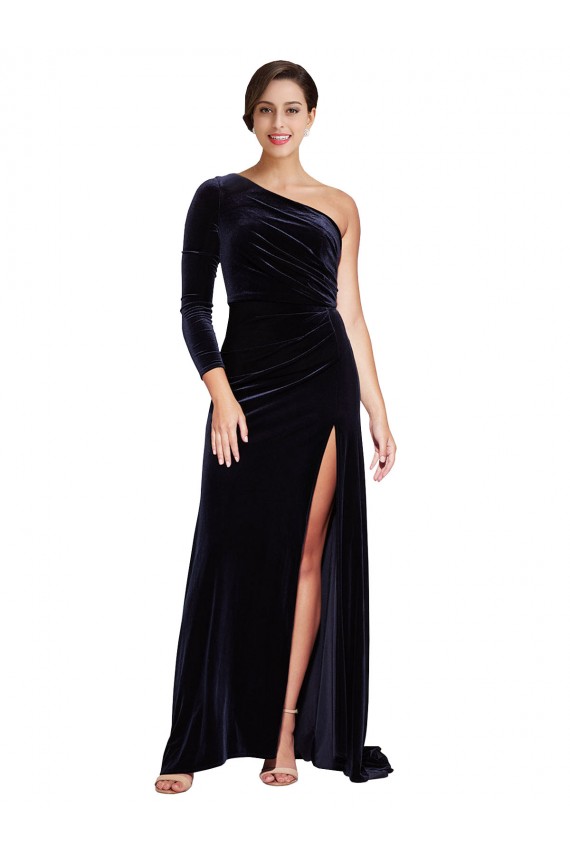 Long Sleeves Dark Navy A-Line One Shoulder Formal Evening Gown / Prom Dress / Bridesmaid Dress Lincoln