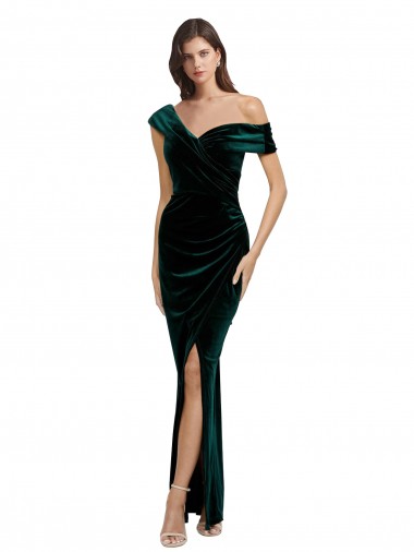 Sleeveless Dark Green Sheath Off the Shoulder High Low Evening Gown / Prom Dress / Bridesmaid Dress Lincoln